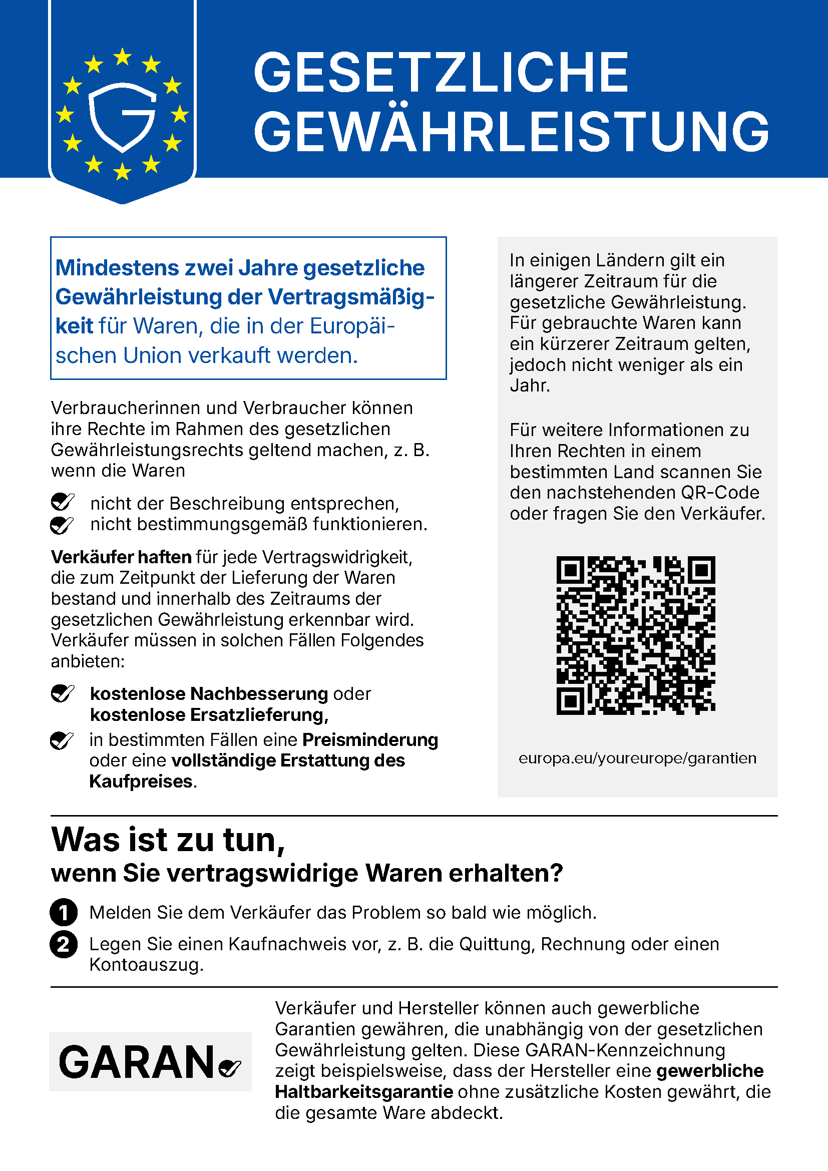 Amtliches EU-Gewährleistungslabel: gesetzliche Mängelhaftung von mindestens zwei Jahren